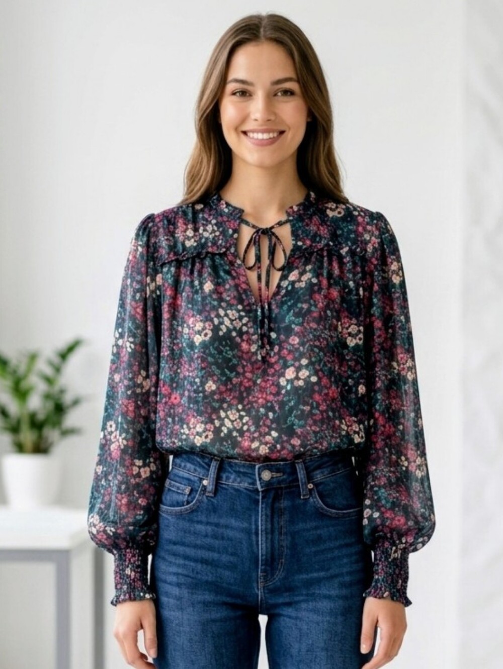 Maison d'Amélie Puff sleeves peasant satin floral blouse shirt green pink Medium